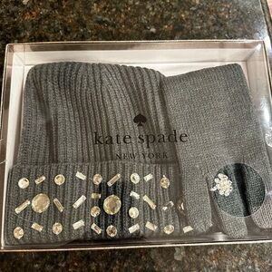 Kate Spade Gray Embellished Gloves and Beanie Set